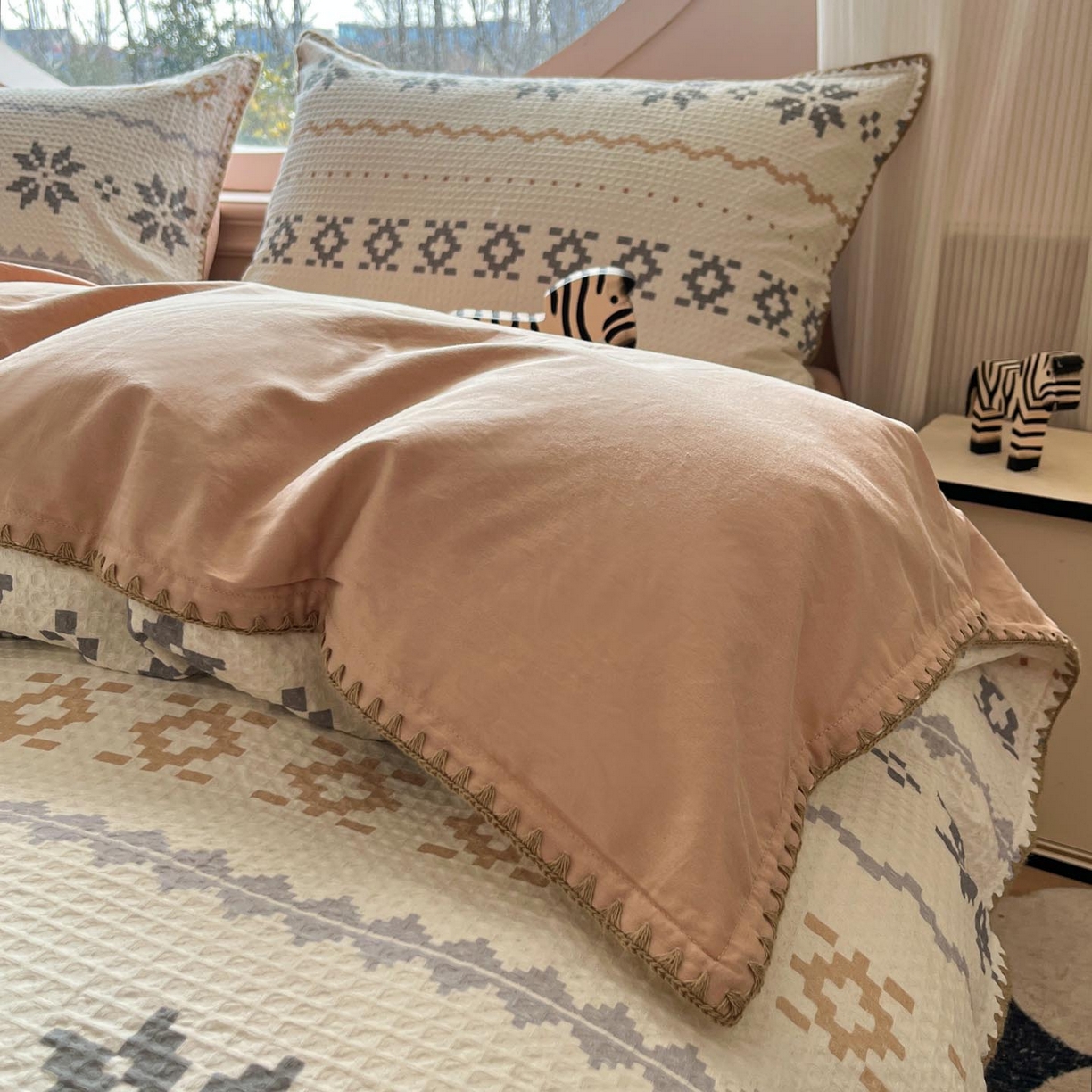 91家纺网 家纺一手货源 找家纺 涵宸家纺 2026新款全棉华夫格贝壳边四件套 雾漫纱