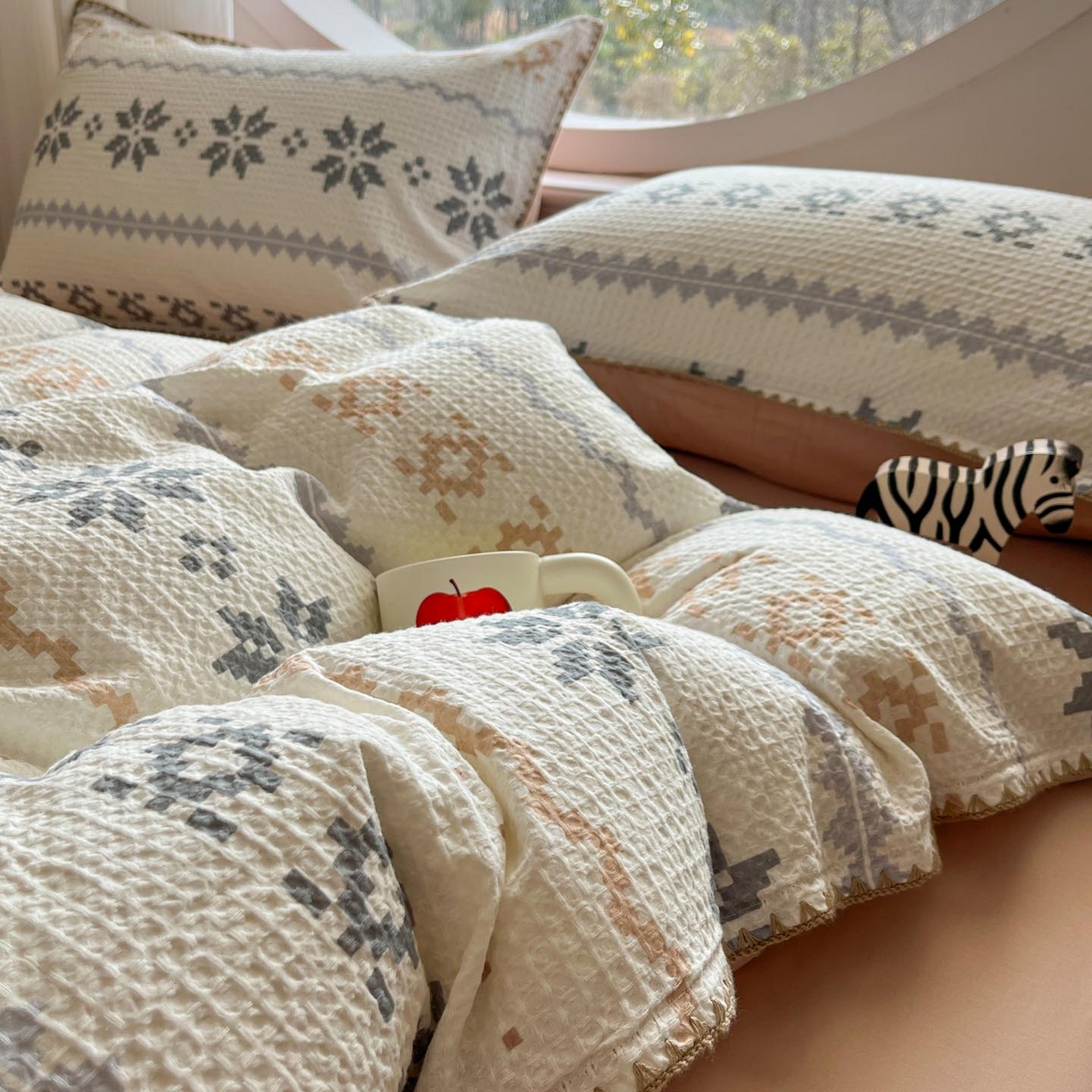 91家纺网 家纺一手货源 找家纺 涵宸家纺 2026新款全棉华夫格贝壳边四件套 雾漫纱