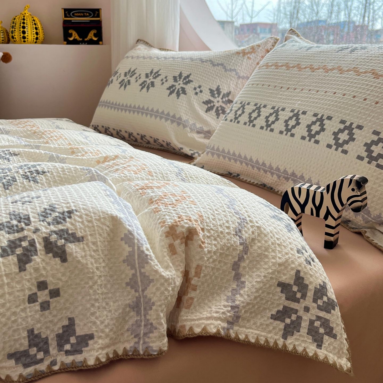 91家纺网 家纺一手货源 找家纺 涵宸家纺 2026新款全棉华夫格贝壳边四件套 雾漫纱