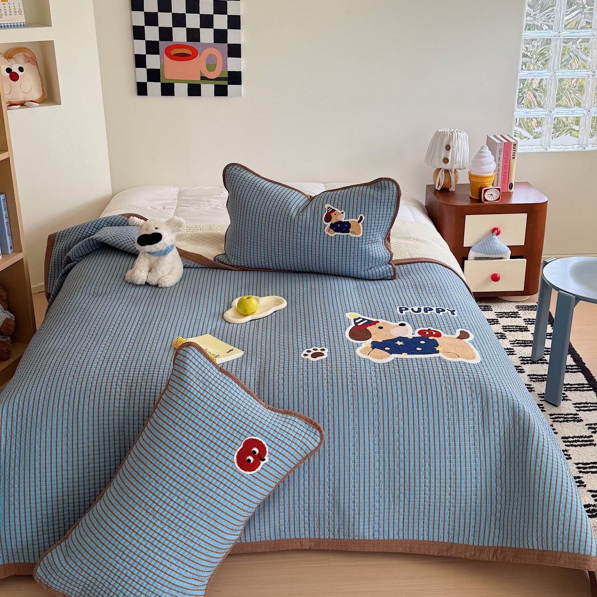 91家纺网 家纺一手货源 找家纺 顾里家纺 2026新款ins韩风床盖单品床盖单件三件套被套四件套 复古腊肠狗