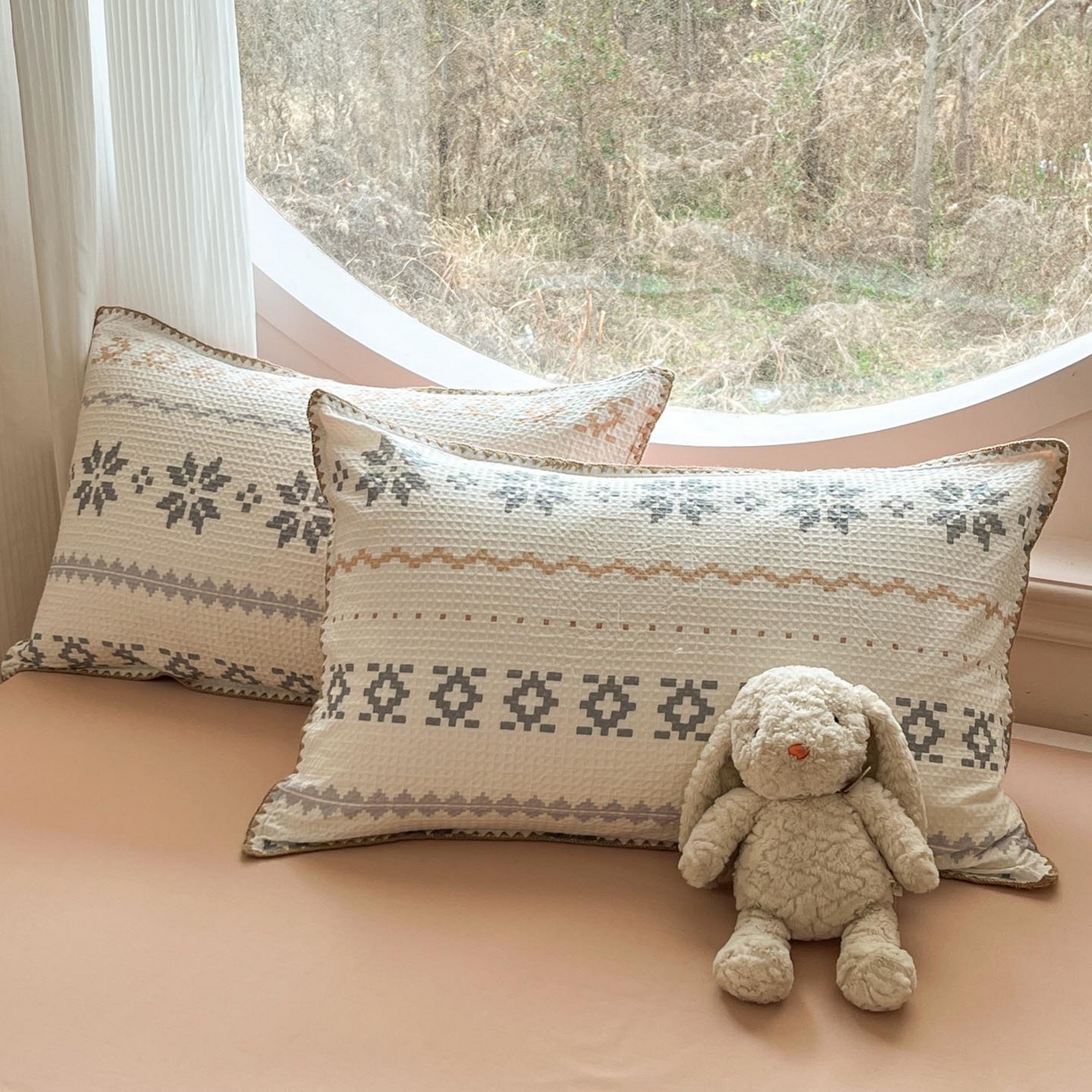 91家纺网 家纺一手货源 找家纺 涵宸家纺 2026新款全棉华夫格贝壳边四件套 雾漫纱