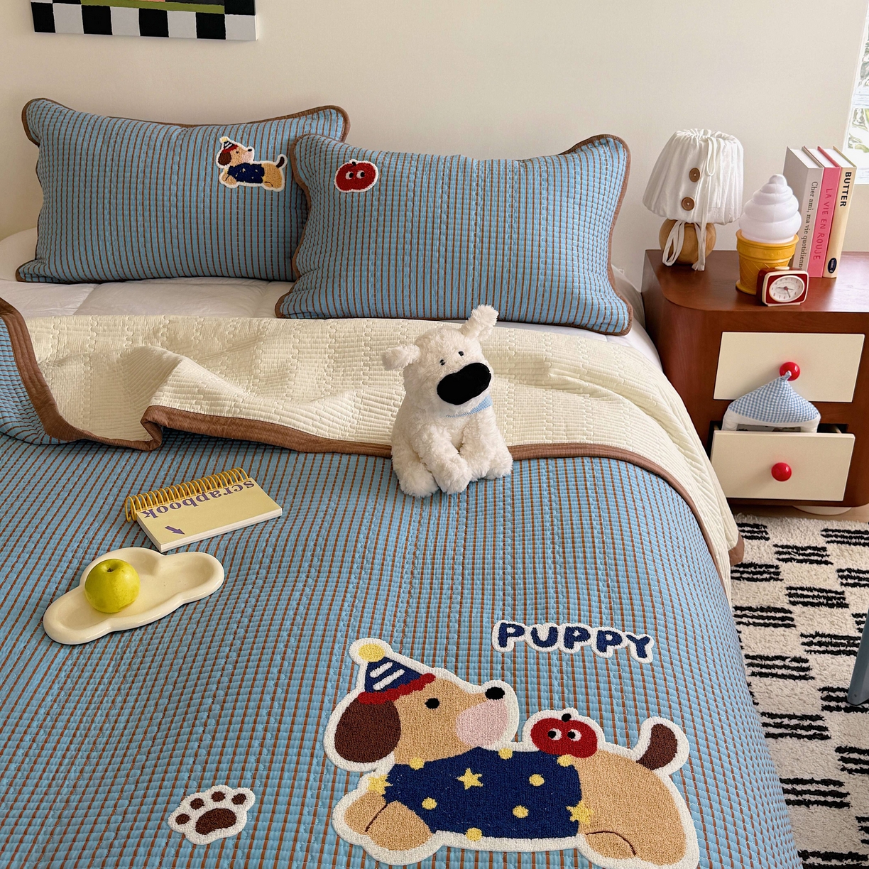 91家纺网 家纺一手货源 找家纺 顾里家纺 2026新款ins韩风床盖单品床盖单件三件套被套四件套 复古腊肠狗