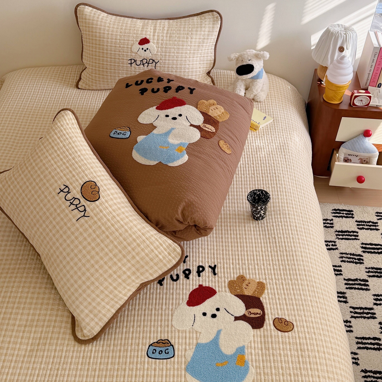 91家纺网 家纺一手货源 找家纺 顾里家纺 2026新款ins韩风床盖单品床盖单件三件套被套四件套 面包小狗