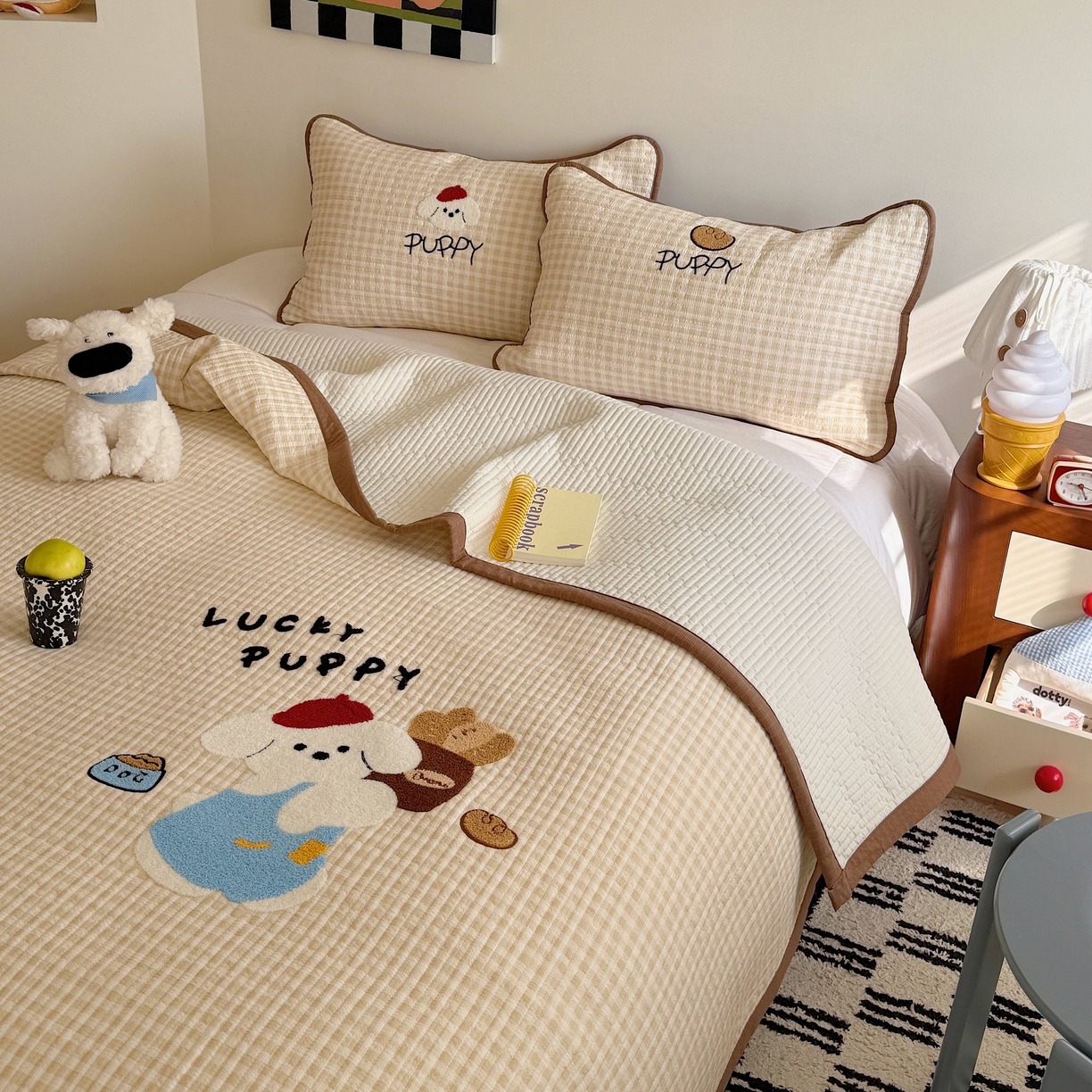 91家纺网 家纺一手货源 找家纺 顾里家纺 2026新款ins韩风床盖单品床盖单件三件套被套四件套 面包小狗