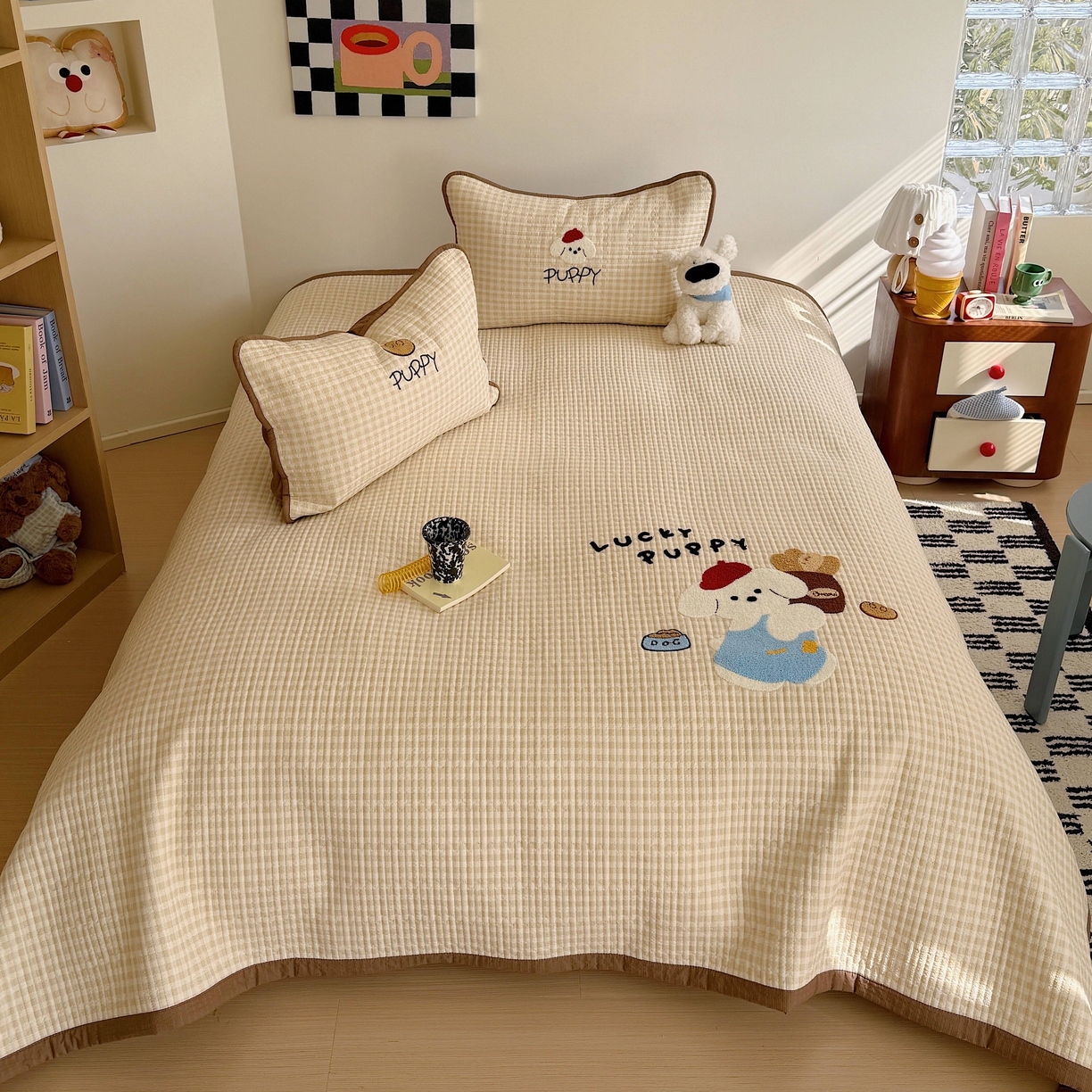 91家纺网 家纺一手货源 找家纺 顾里家纺 2026新款ins韩风床盖单品床盖单件三件套被套四件套 面包小狗