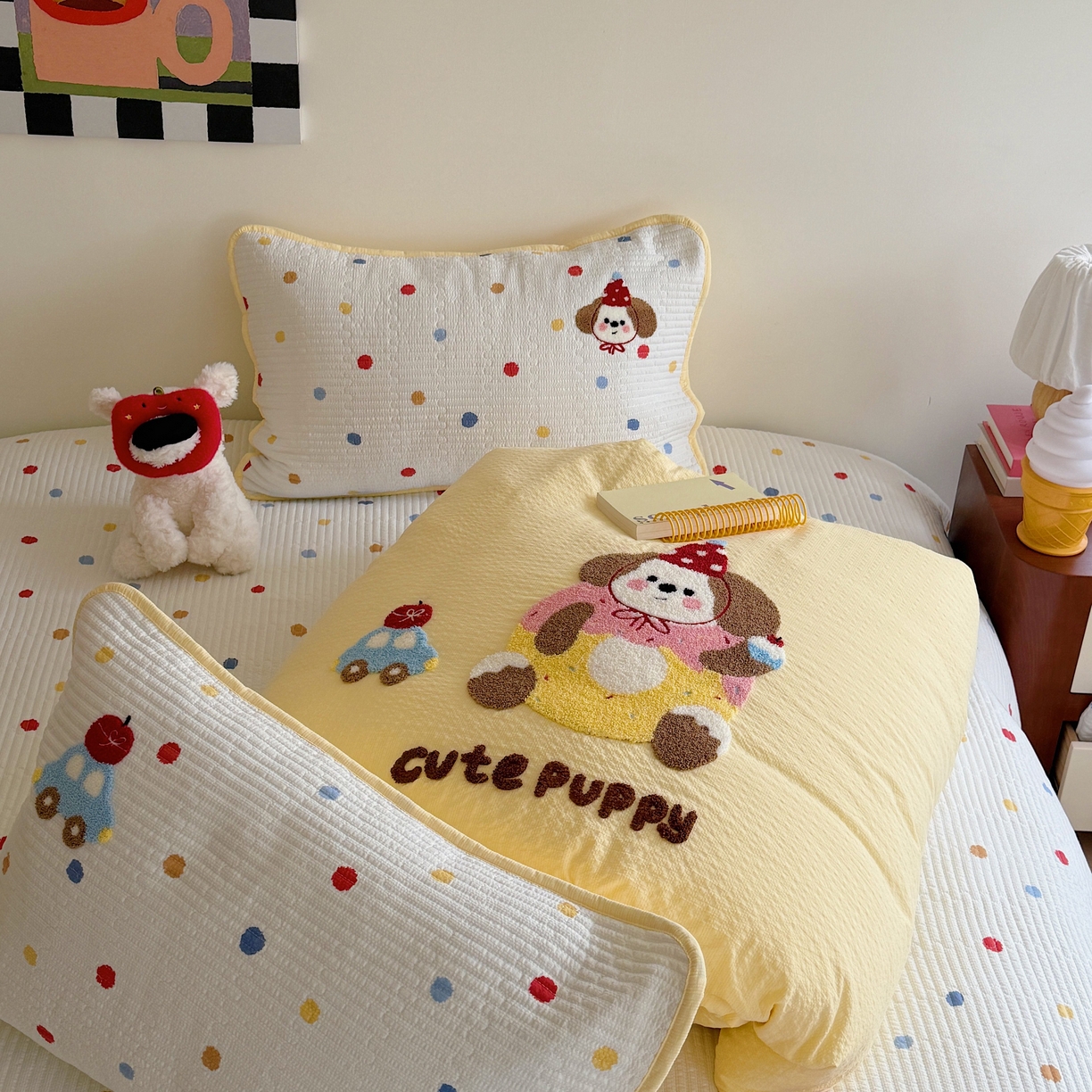 91家纺网 家纺一手货源 找家纺 顾里家纺 2026新款ins韩风床盖单品床盖单件三件套被套四件套 甜圈小狗