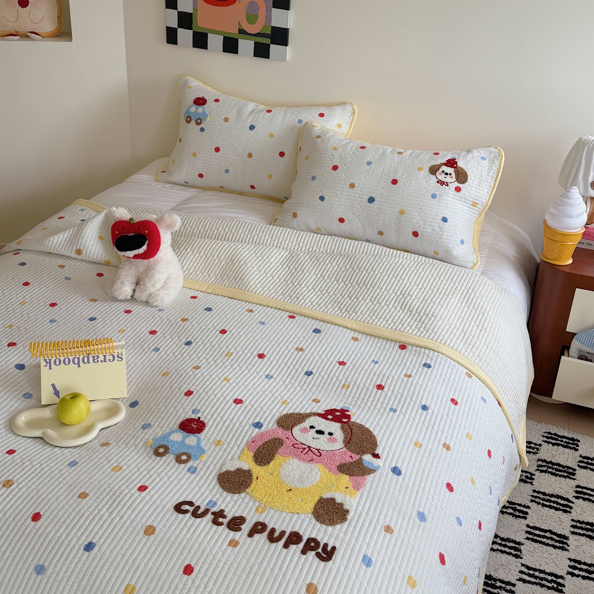 91家纺网 家纺一手货源 找家纺 顾里家纺 2026新款ins韩风床盖单品床盖单件三件套被套四件套 甜圈小狗