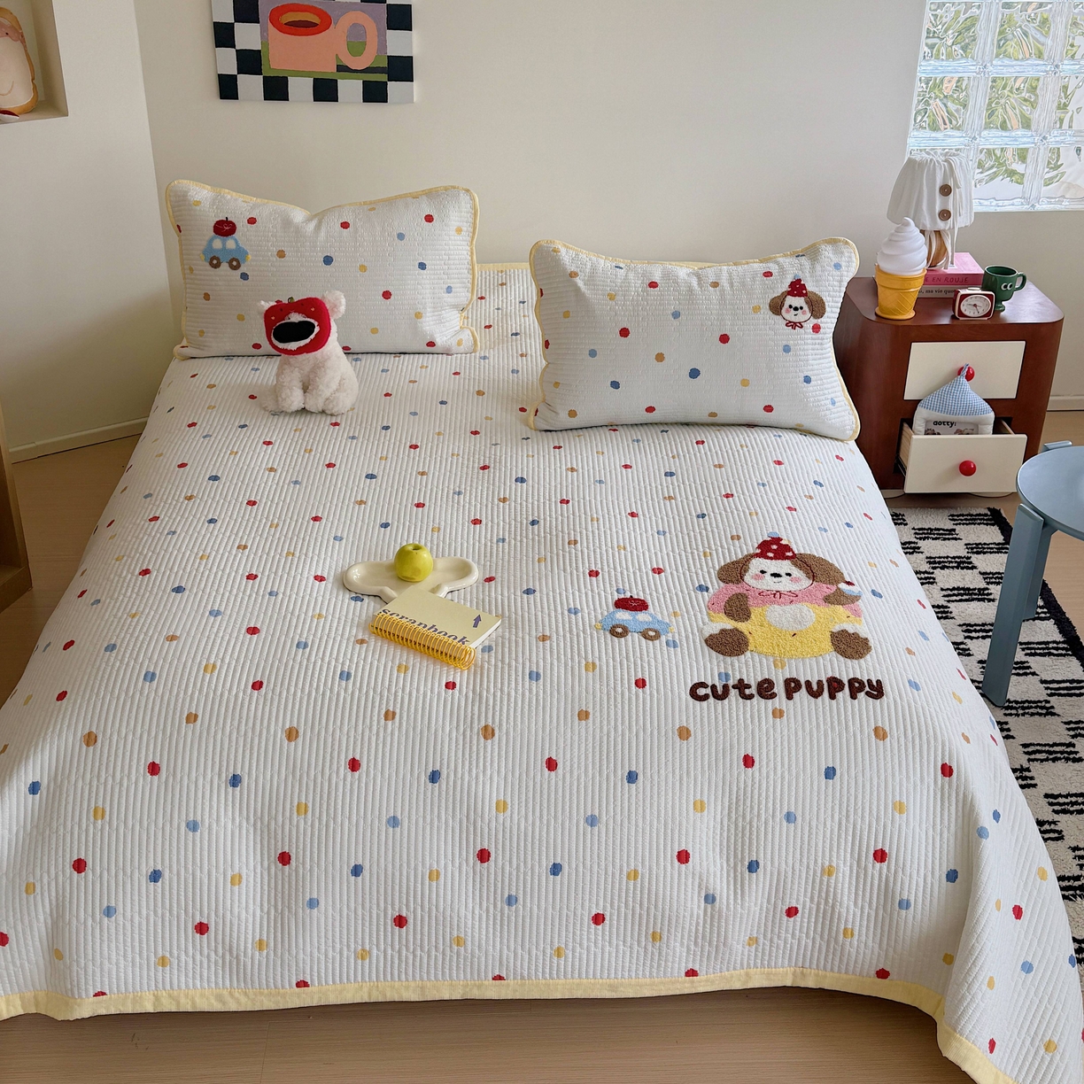 91家纺网 家纺一手货源 找家纺 顾里家纺 2026新款ins韩风床盖单品床盖单件三件套被套四件套 甜圈小狗