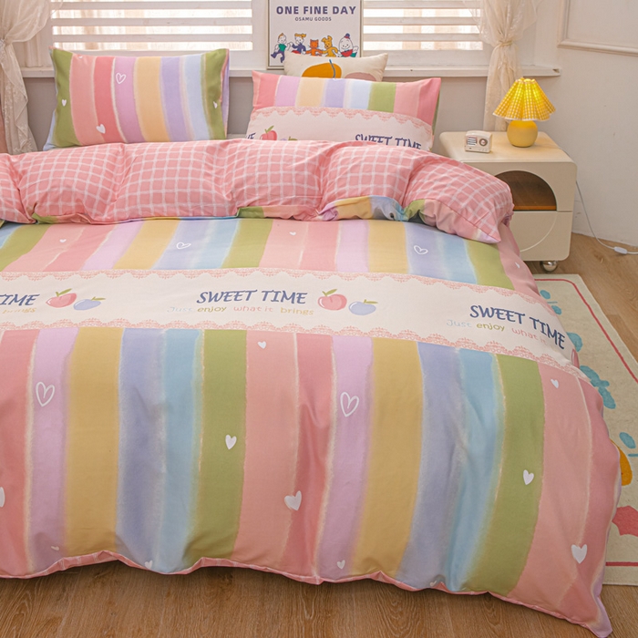 91家纺网 家纺一手货源 找家纺 莎臣豹 2026新款水洗棉磨毛纯色简约风四件套（风格一） 彩虹桃桃