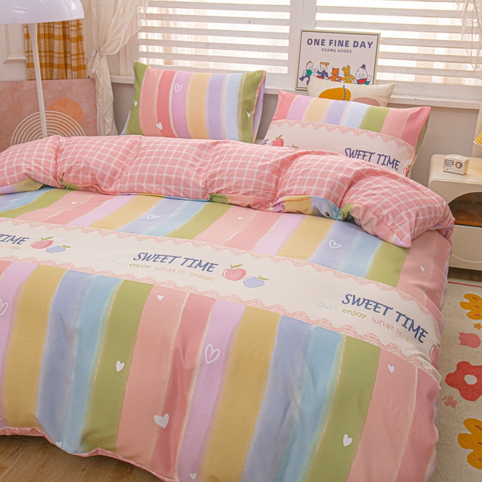 91家纺网 家纺一手货源 找家纺 莎臣豹 2026新款水洗棉磨毛纯色简约风四件套（风格一） 彩虹桃桃