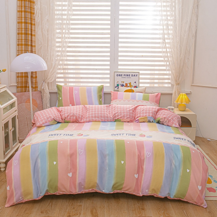 91家纺网 家纺一手货源 找家纺 莎臣豹 2026新款水洗棉磨毛纯色简约风四件套（风格一） 彩虹桃桃