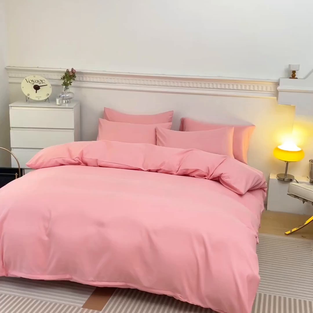 91家纺网 家纺一手货源 找家纺 莎臣豹 2026新款水洗棉磨毛纯色简约风四件套（风格一） 公主粉