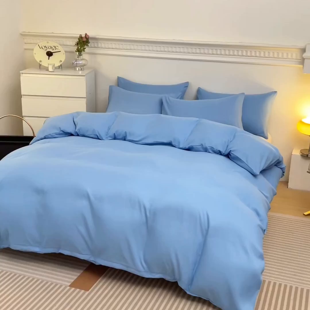 91家纺网 家纺一手货源 找家纺 莎臣豹 2026新款水洗棉磨毛纯色简约风四件套（风格一） 天空蓝