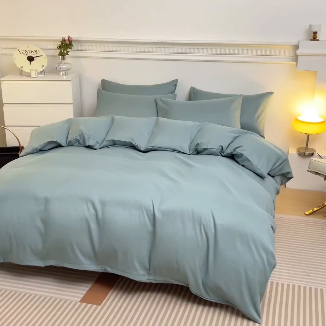 91家纺网 家纺一手货源 找家纺 莎臣豹 2026新款水洗棉磨毛纯色简约风四件套（风格一） 豆绿