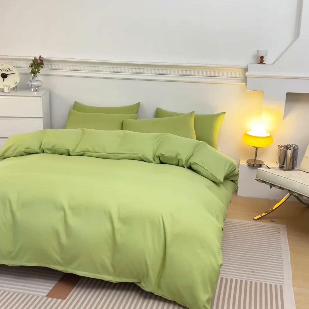 91家纺网 家纺一手货源 找家纺 莎臣豹 2026新款水洗棉磨毛纯色简约风四件套（风格一） 抹茶绿