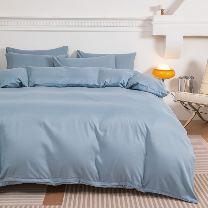 91家纺网 家纺一手货源 找家纺 莎臣豹 2026新款水洗棉磨毛纯色简约风四件套（风格一） 雾霾蓝