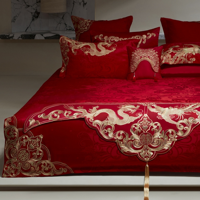 91家纺网 家纺一手货源 找家纺 （总）东方合美（原：皇家传奇） 2026新款新中式贡缎提花凤冠霞帔婚庆四件套