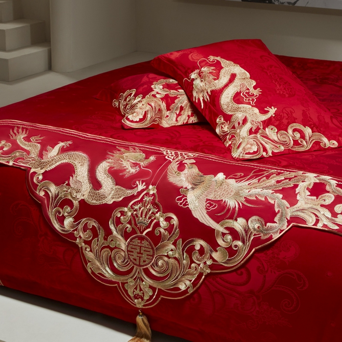 91家纺网 家纺一手货源 找家纺 （总）东方合美（原：皇家传奇） 2026新款新中式贡缎提花凤冠霞帔婚庆四件套