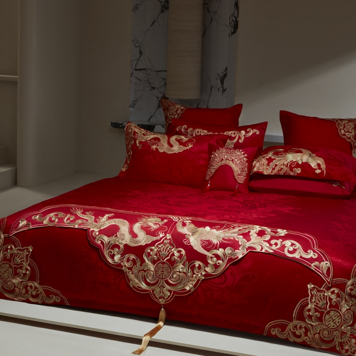 91家纺网 家纺一手货源 找家纺 （总）东方合美（原：皇家传奇） 2026新款新中式贡缎提花凤冠霞帔婚庆四件套