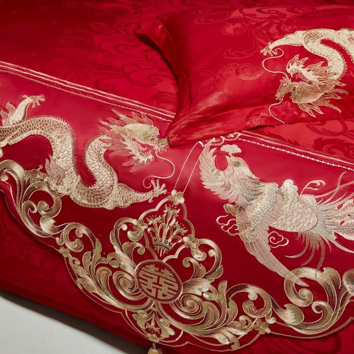 91家纺网 家纺一手货源 找家纺 （总）东方合美（原：皇家传奇） 2026新款新中式贡缎提花凤冠霞帔婚庆四件套