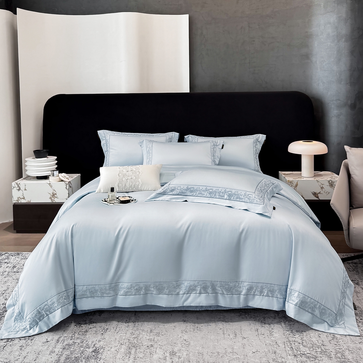 91家纺网 家纺一手货源 找家纺 莱势 2026新款100支长绒棉全棉纯棉50x50s埃及贡缎刺绣绣花四件套高端礼盒塞纳 塞纳-天空蓝