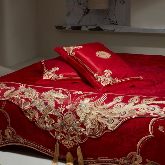 91家纺网 家纺一手货源 找家纺 （总）东方合美（原：皇家传奇） 2026新款新中式贡缎提花龙凤嫁衣婚庆四件套