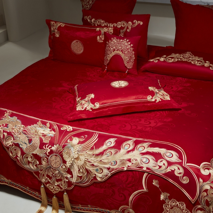 91家纺网 家纺一手货源 找家纺 （总）东方合美（原：皇家传奇） 2026新款新中式贡缎提花龙凤嫁衣婚庆四件套