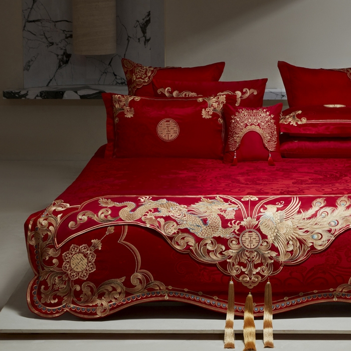 91家纺网 家纺一手货源 找家纺 （总）东方合美（原：皇家传奇） 2026新款新中式贡缎提花龙凤嫁衣婚庆四件套