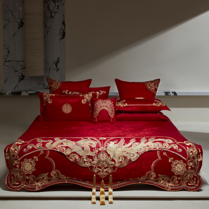 91家纺网 家纺一手货源 找家纺 （总）东方合美（原：皇家传奇） 2026新款新中式贡缎提花龙凤嫁衣婚庆四件套