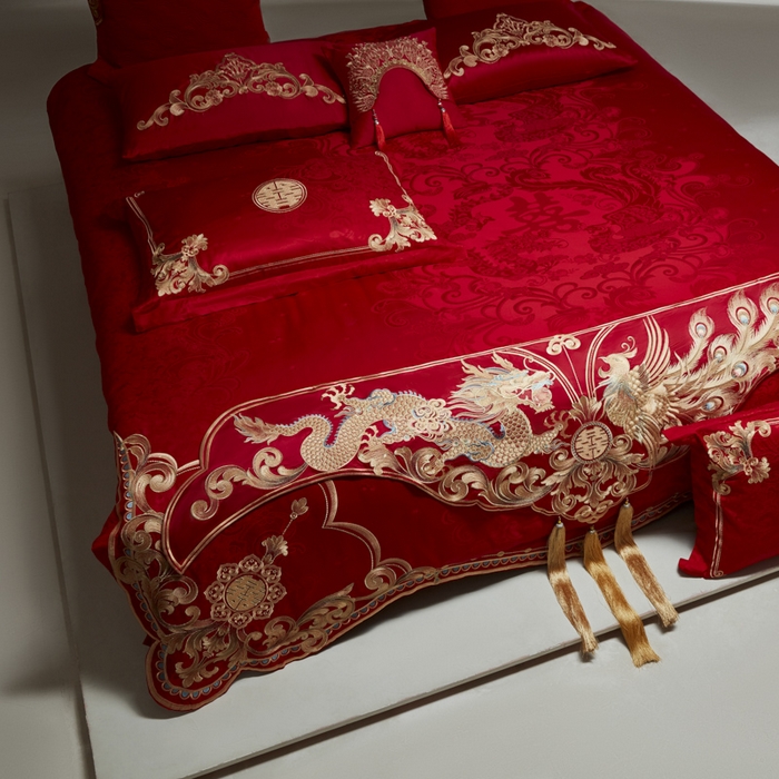 91家纺网 家纺一手货源 找家纺 （总）东方合美（原：皇家传奇） 2026新款新中式贡缎提花龙凤嫁衣婚庆四件套