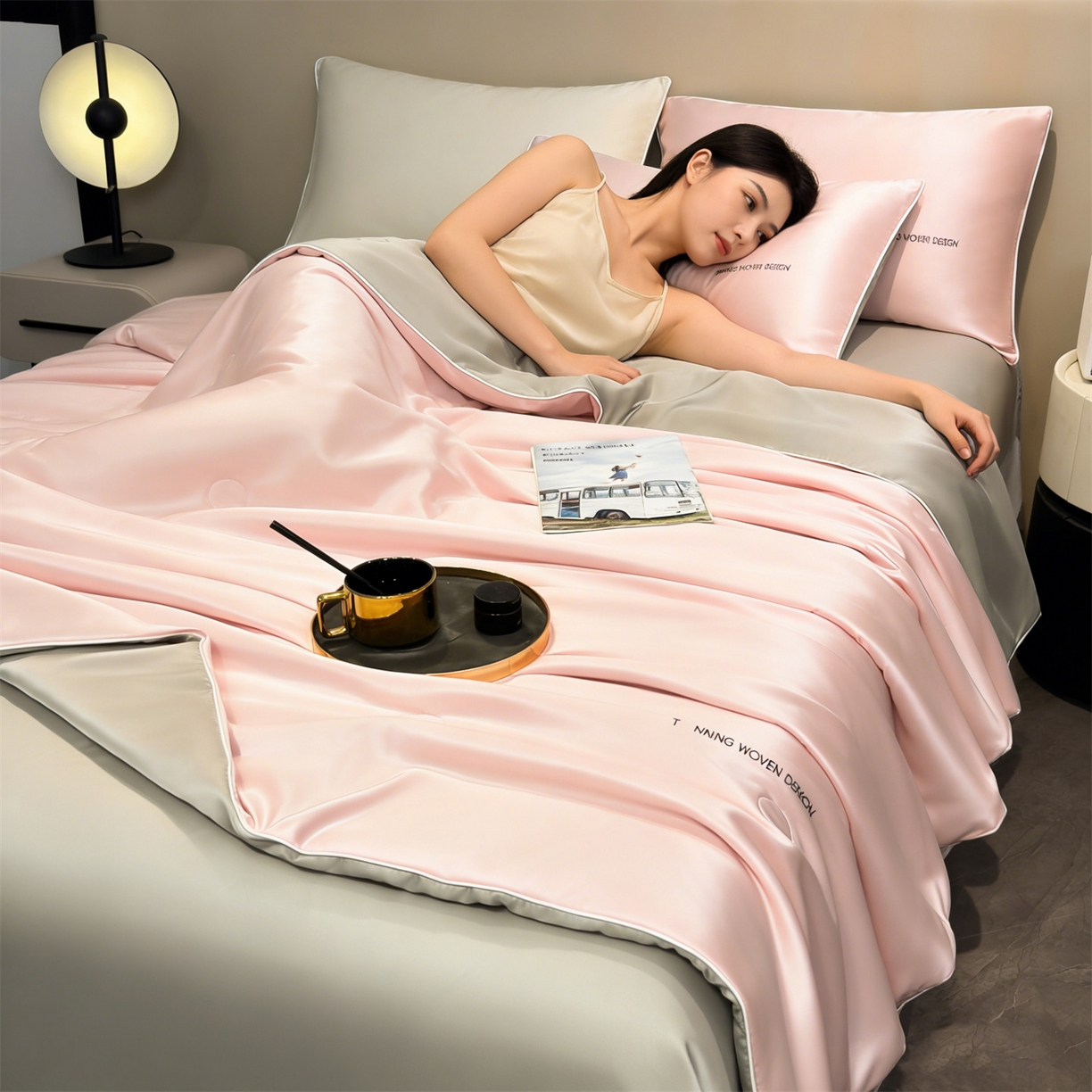 91家纺网 家纺一手货源 找家纺 招财星家纺 2026新款可水洗真丝被夏天空调被单人夏凉被冰丝夏被被子双人薄被（带质检报告买家秀） 丝语-粉玉+银灰