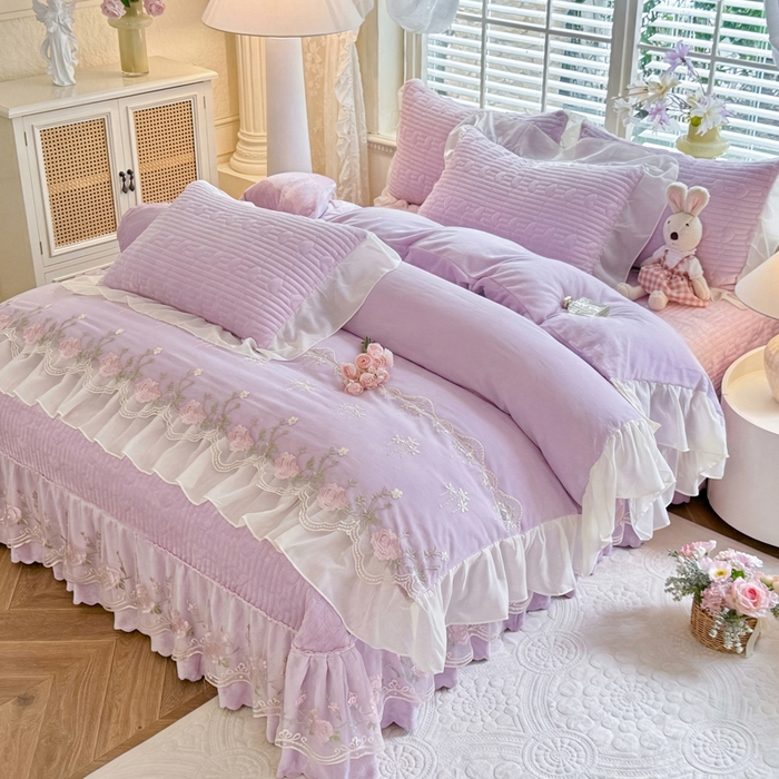 91家纺网 家纺一手货源 找家纺 苏米娜2026春夏新品韩版公主风小清新水洗棉床盖四件套针织棉双层纱纯棉棉麻全棉公主风床盖款四件套 幸运花-梦幻蓝 