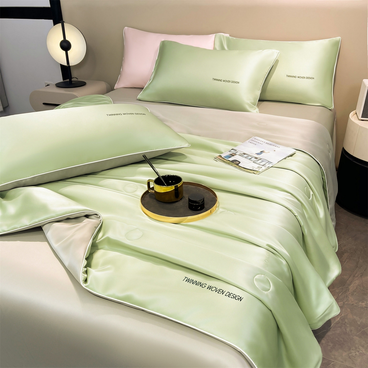 91家纺网 家纺一手货源 找家纺 招财星家纺 2026新款可水洗真丝被夏天空调被单人夏凉被冰丝夏被被子双人薄被（带质检报告买家秀） 丝语-青果绿+银灰