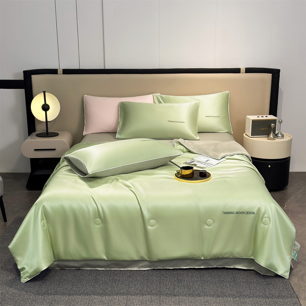 91家纺网 家纺一手货源 找家纺 招财星家纺 2026新款可水洗真丝被夏天空调被单人夏凉被冰丝夏被被子双人薄被（带质检报告买家秀） 丝语-青果绿+银灰