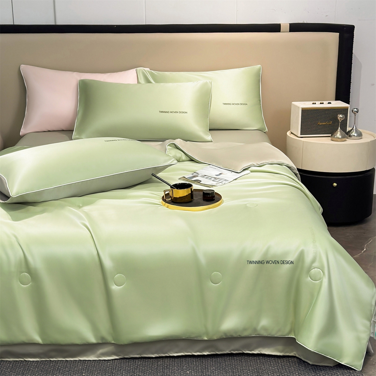 91家纺网 家纺一手货源 找家纺 招财星家纺 2026新款可水洗真丝被夏天空调被单人夏凉被冰丝夏被被子双人薄被（带质检报告买家秀） 丝语-青果绿+银灰