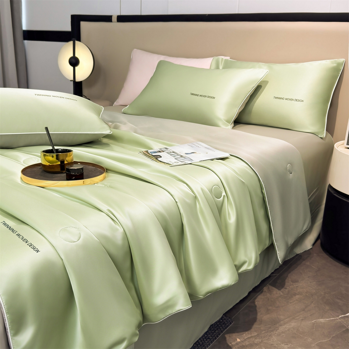 91家纺网 家纺一手货源 找家纺 招财星家纺 2026新款可水洗真丝被夏天空调被单人夏凉被冰丝夏被被子双人薄被（带质检报告买家秀） 丝语-青果绿+银灰