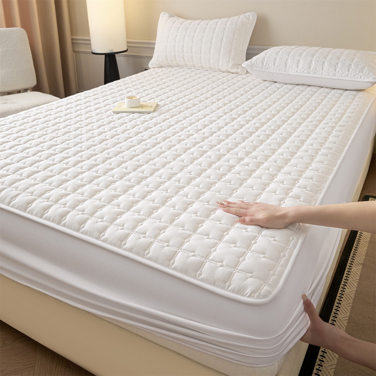 优眠坊 2026新款夹棉床笠/防水床笠   床笠三件套 格趣-白色-防水款