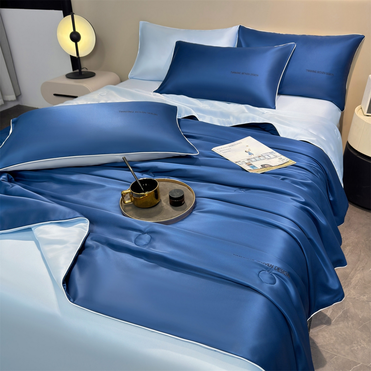 91家纺网 家纺一手货源 找家纺 招财星家纺 2026新款可水洗真丝被夏天空调被单人夏凉被冰丝夏被被子双人薄被（带质检报告买家秀） 丝语-深海蓝+水蓝