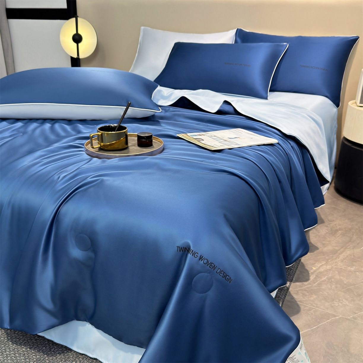 91家纺网 家纺一手货源 找家纺 招财星家纺 2026新款可水洗真丝被夏天空调被单人夏凉被冰丝夏被被子双人薄被（带质检报告买家秀） 丝语-深海蓝+水蓝