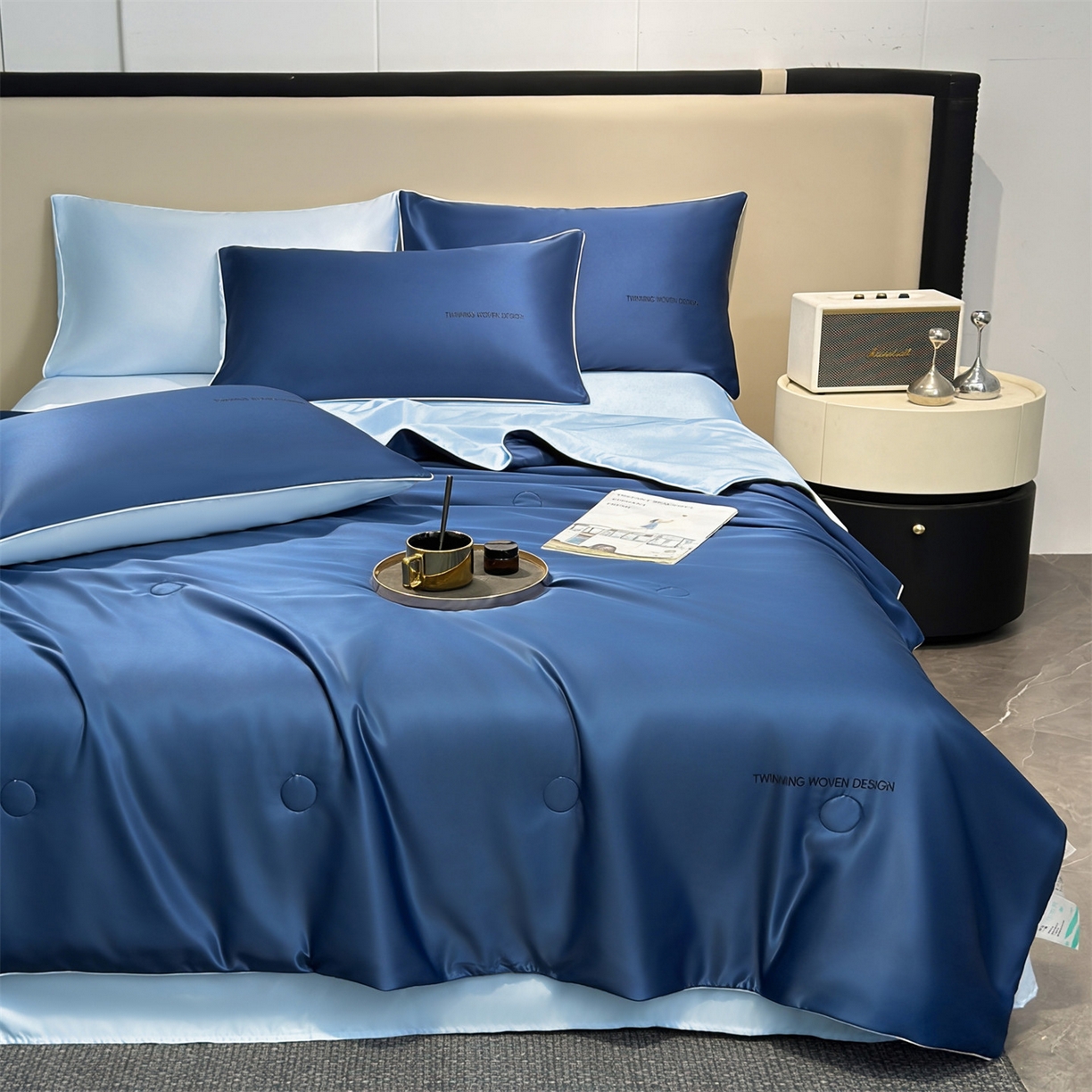 91家纺网 家纺一手货源 找家纺 招财星家纺 2026新款可水洗真丝被夏天空调被单人夏凉被冰丝夏被被子双人薄被（带质检报告买家秀） 丝语-深海蓝+水蓝