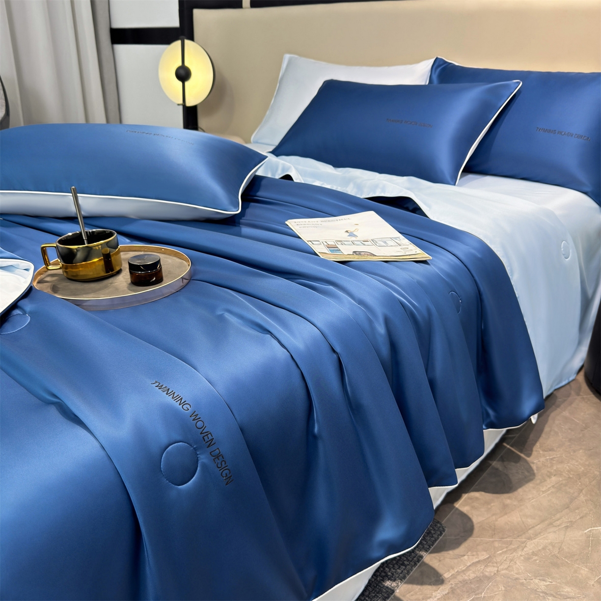 91家纺网 家纺一手货源 找家纺 招财星家纺 2026新款可水洗真丝被夏天空调被单人夏凉被冰丝夏被被子双人薄被（带质检报告买家秀） 丝语-深海蓝+水蓝