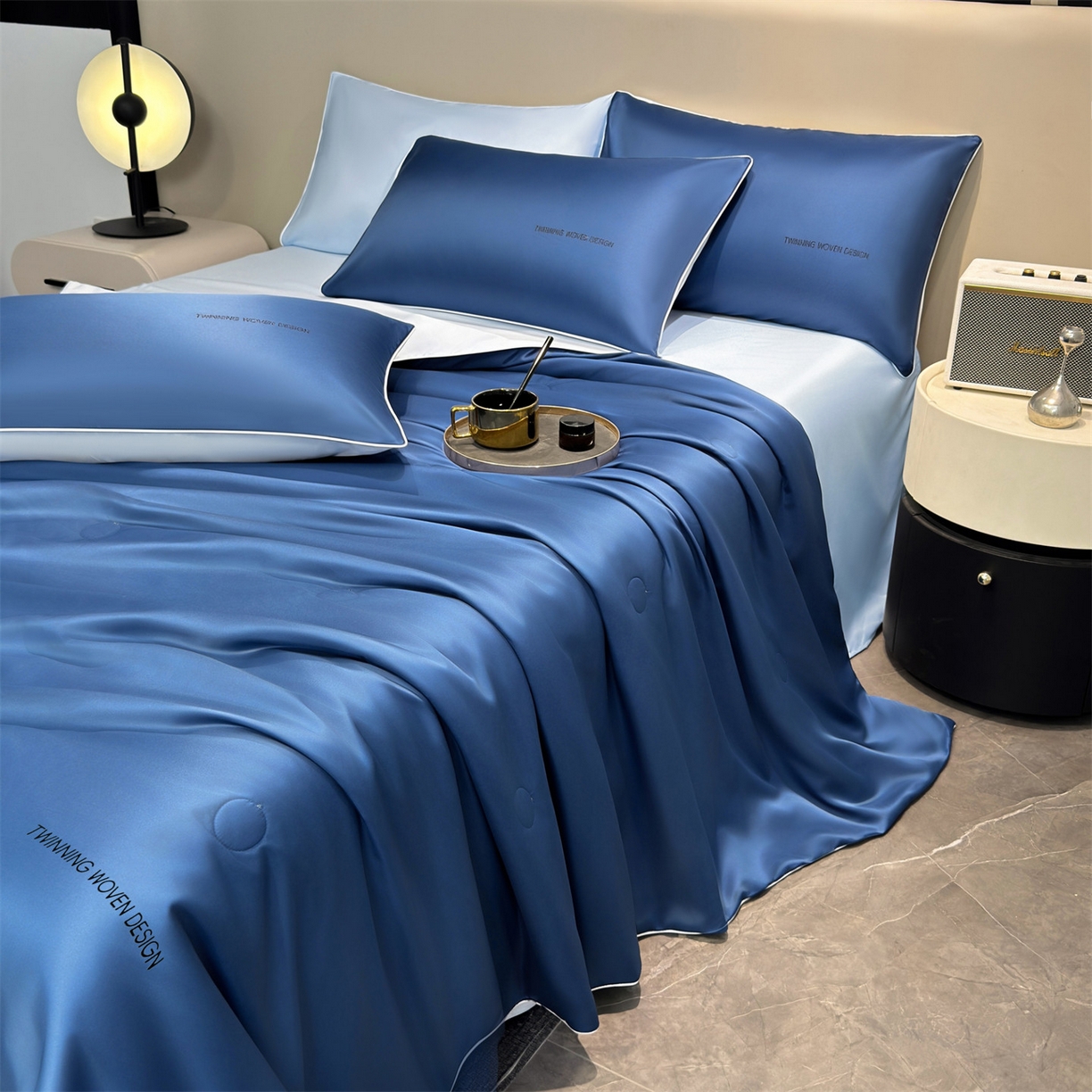 91家纺网 家纺一手货源 找家纺 招财星家纺 2026新款可水洗真丝被夏天空调被单人夏凉被冰丝夏被被子双人薄被（带质检报告买家秀） 丝语-深海蓝+水蓝