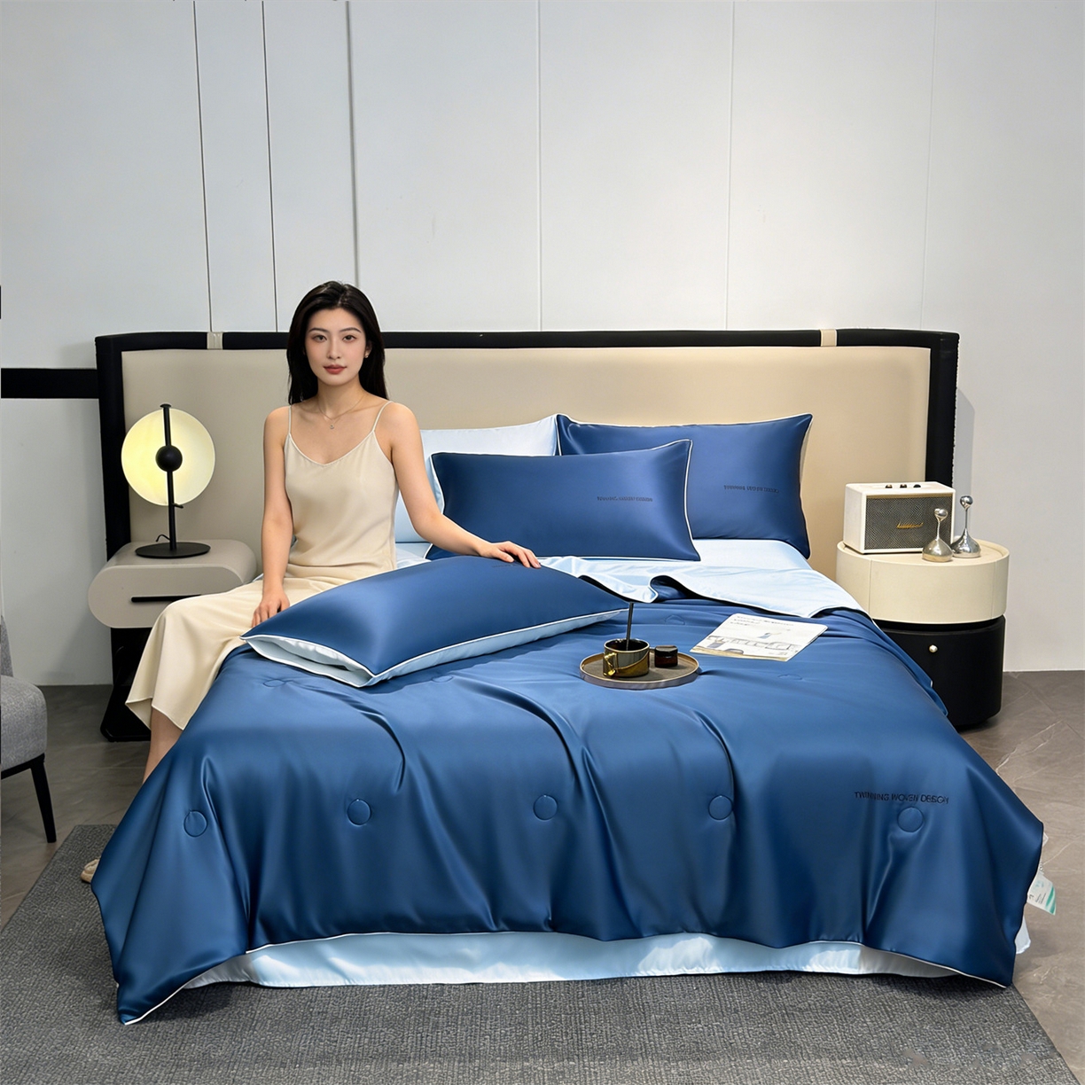 91家纺网 家纺一手货源 找家纺 招财星家纺 2026新款可水洗真丝被夏天空调被单人夏凉被冰丝夏被被子双人薄被（带质检报告买家秀） 丝语-深海蓝+水蓝