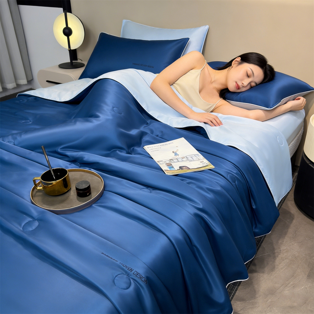 91家纺网 家纺一手货源 找家纺 招财星家纺 2026新款可水洗真丝被夏天空调被单人夏凉被冰丝夏被被子双人薄被（带质检报告买家秀） 丝语-深海蓝+水蓝