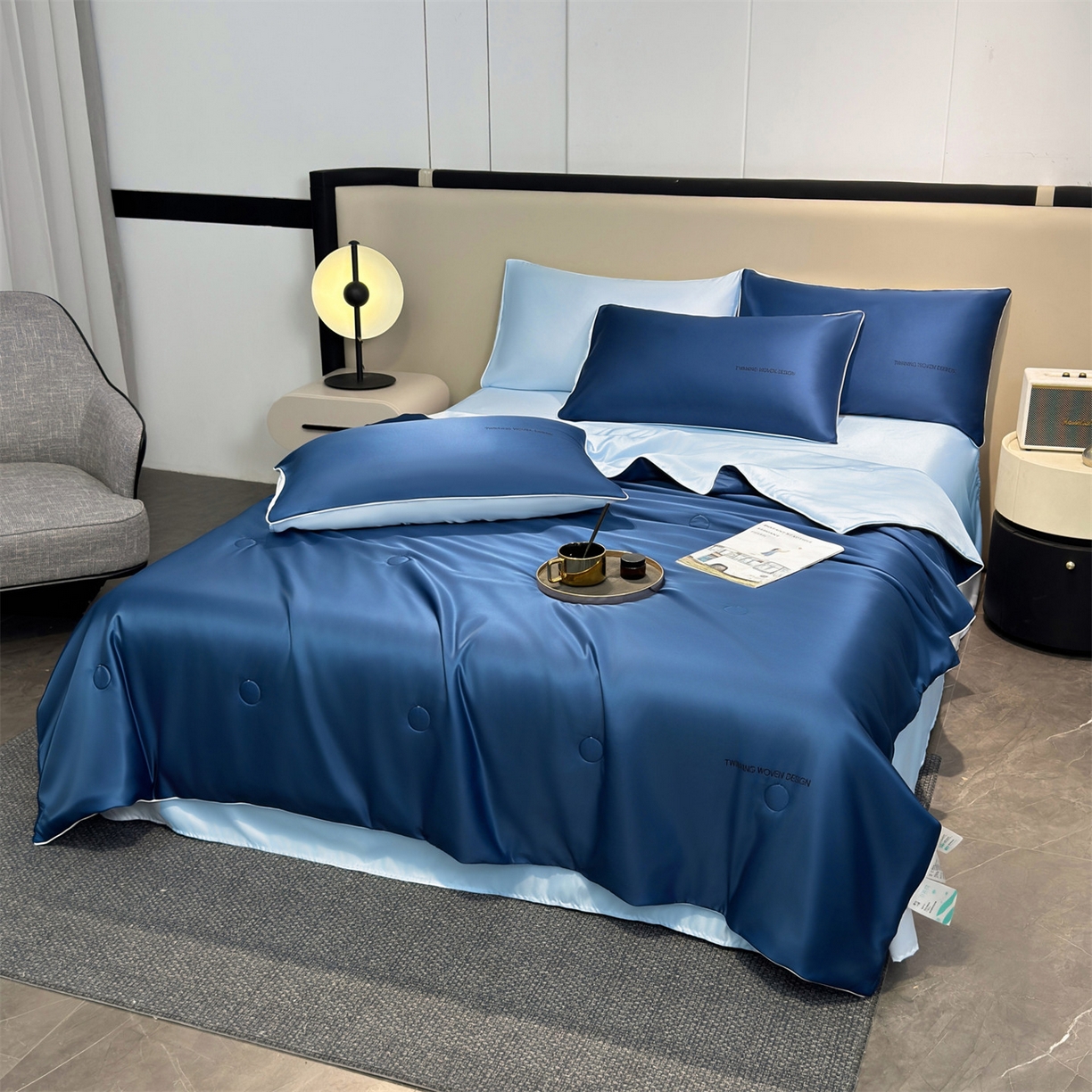 91家纺网 家纺一手货源 找家纺 招财星家纺 2026新款可水洗真丝被夏天空调被单人夏凉被冰丝夏被被子双人薄被（带质检报告买家秀） 丝语-深海蓝+水蓝