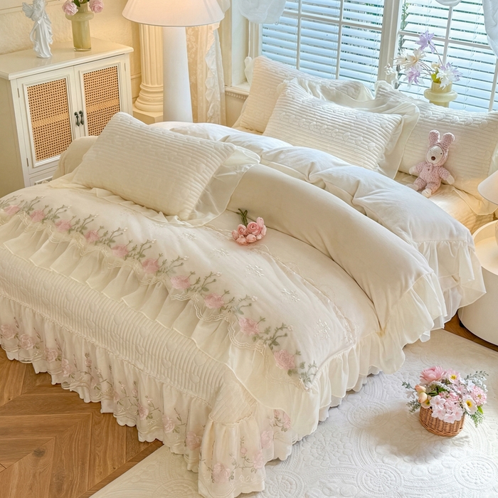 苏米娜家纺SUMINA 2026新款春夏韩版床盖款多功能夏被床盖四件套 花恋系列 花恋-奶昔白