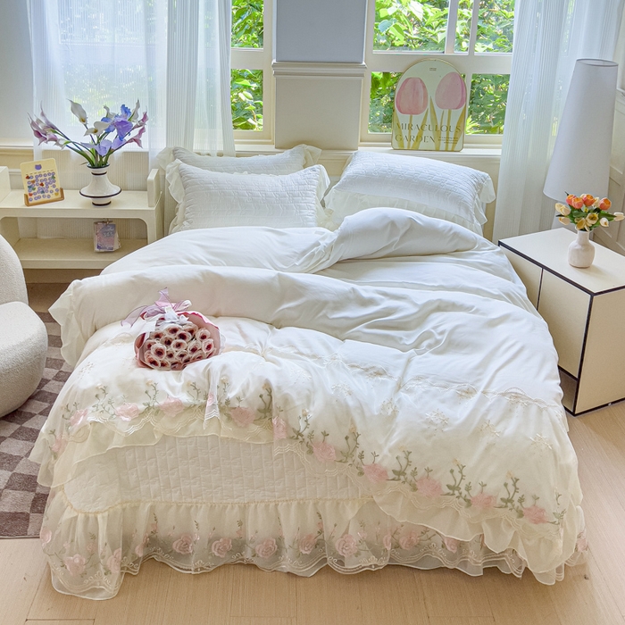 91家纺网 家纺一手货源 找家纺 苏米娜家纺SUMINA 2026新款春夏韩版床盖款多功能夏被床盖四件套 花恋系列 花恋-奶昔白