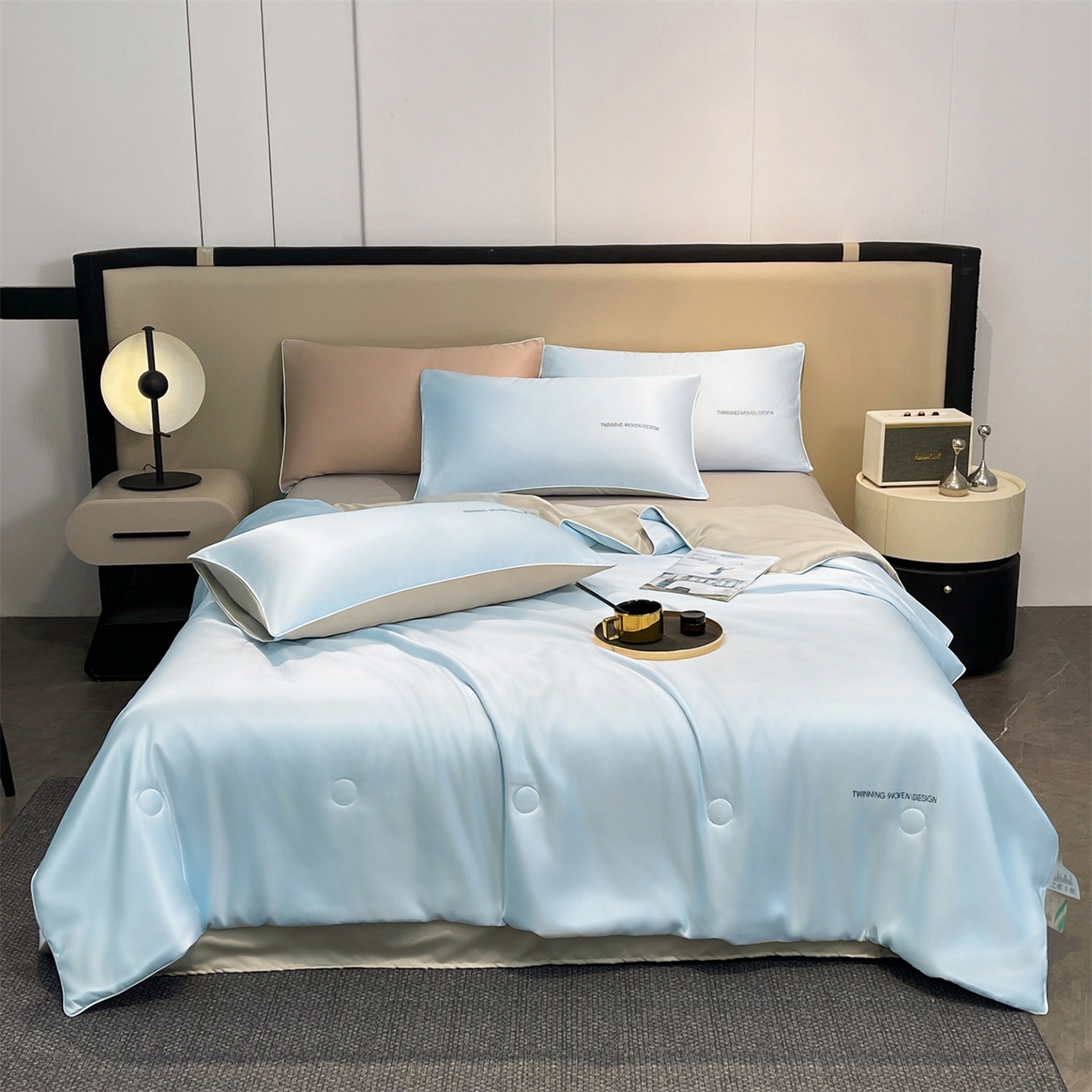 91家纺网 家纺一手货源 找家纺 招财星家纺 2026新款可水洗真丝被夏天空调被单人夏凉被冰丝夏被被子双人薄被（带质检报告买家秀） 丝语-水蓝+银灰