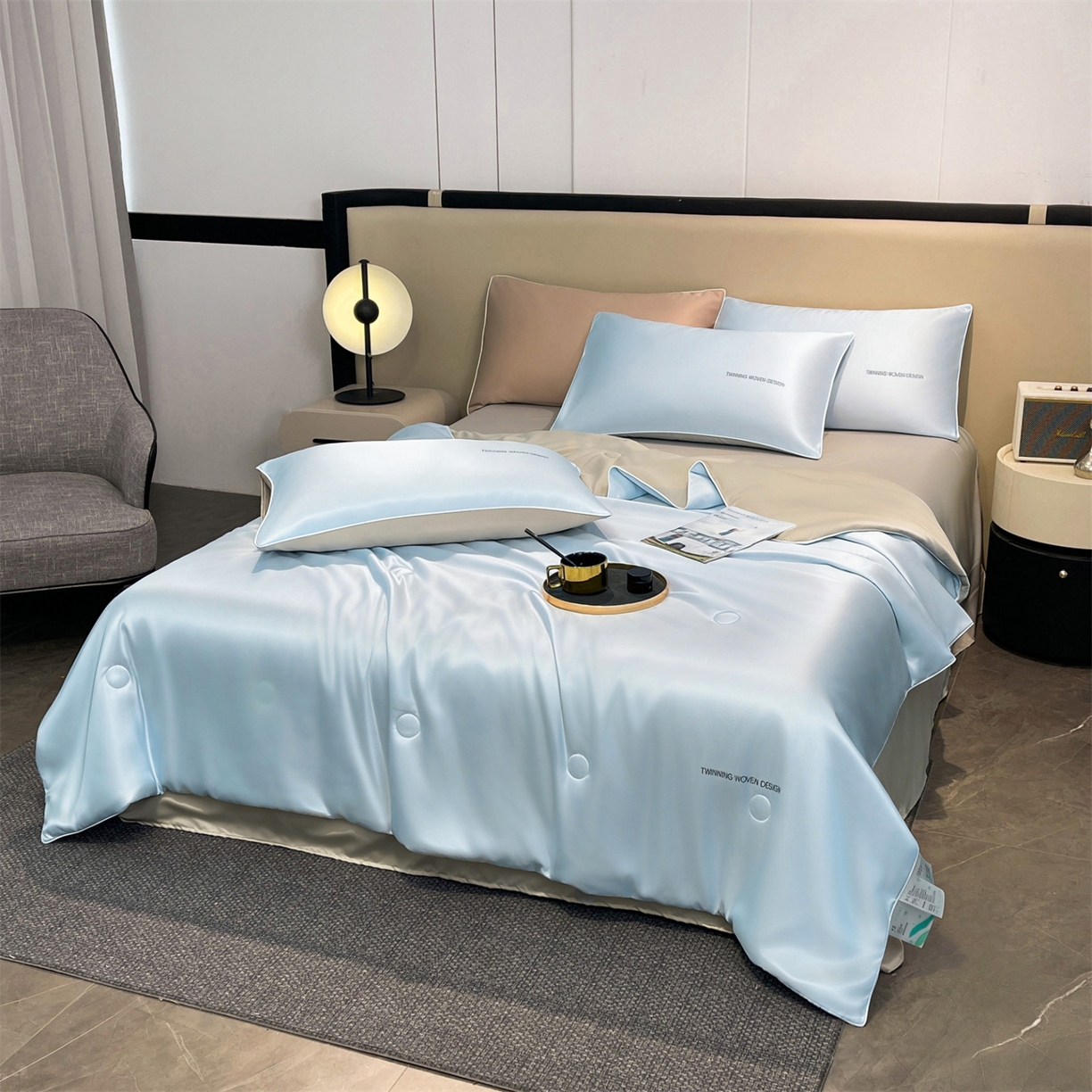 91家纺网 家纺一手货源 找家纺 招财星家纺 2026新款可水洗真丝被夏天空调被单人夏凉被冰丝夏被被子双人薄被（带质检报告买家秀） 丝语-水蓝+银灰