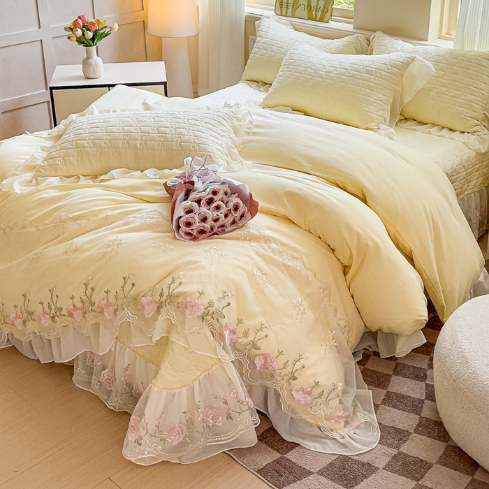 91家纺网 家纺一手货源 找家纺 苏米娜家纺SUMINA 2026新款春夏韩版床盖款多功能夏被床盖四件套 花恋系列 花恋-嫩黄